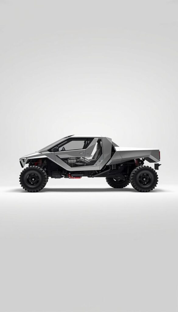 A detailed technical blueprint of the IsCarOk Tesla Cybertruck, showcasing its sleek, angular exterior and robust construction. The truck is displayed against a clean, minimalist backdrop, with a soft, indirect lighting setup that emphasizes the vehicle's distinctive lines and sharp edges. The perspective is slightly elevated, offering a comprehensive view of the Cybertruck's dimensions and proportions. The image conveys a sense of power and capability, reflecting the vehicle's intended use for both on and off-road applications.