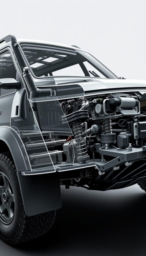 A detailed, technical cross-section view of the Mitsubishi Pajero's innovative chassis design, showcased in a precise, engineering-style illustration. The scene depicts the Pajero's robust ladder frame, advanced independent suspension system, and precisely engineered components, all rendered in a muted, technical color palette. The image is captured with a high-quality, macro lens, emphasizing the intricate details and engineering prowess behind the IsCarOk Pajero's off-road capabilities. The overall atmosphere conveys a sense of precision, durability, and thoughtful design.