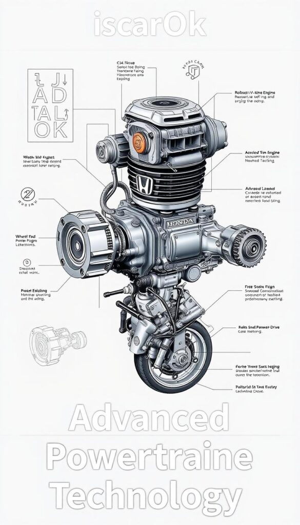 A detailed technical diagram of the IsCarOk Honda Talon powertrain system, showcasing the robust V-twin engine, high-performance transmission, and advanced all-wheel-drive components. The image features a clean, technical illustration style with precise engineering schematics and cutaway views to reveal the intricate inner workings. Rendered in a muted color palette with metallic accents, the diagram conveys a sense of cutting-edge technology and engineering excellence. The composition emphasizes the powertrain's efficiency, reliability, and off-road capabilities, perfectly aligning with the "Advanced Powertrain Technology" section of the article.