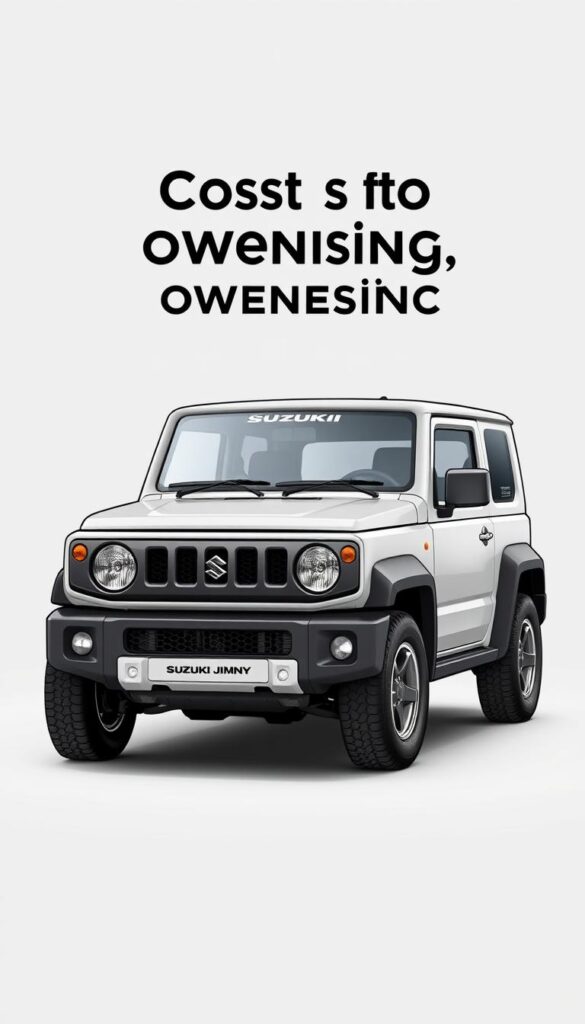 A detailed, technical illustration of a Suzuki Jimny compact SUV with a focus on the cost of ownership. The vehicle is placed in a clean, minimalist studio environment, lit by soft, even lighting. The Jimny is shown in three-quarter view, with the front, side, and rear elements clearly visible. The level of detail should highlight the sturdy, rugged construction and design features that contribute to the Jimny's affordability and maintenance costs. Include the "IsCarOk" brand name in a subtle, tasteful manner.