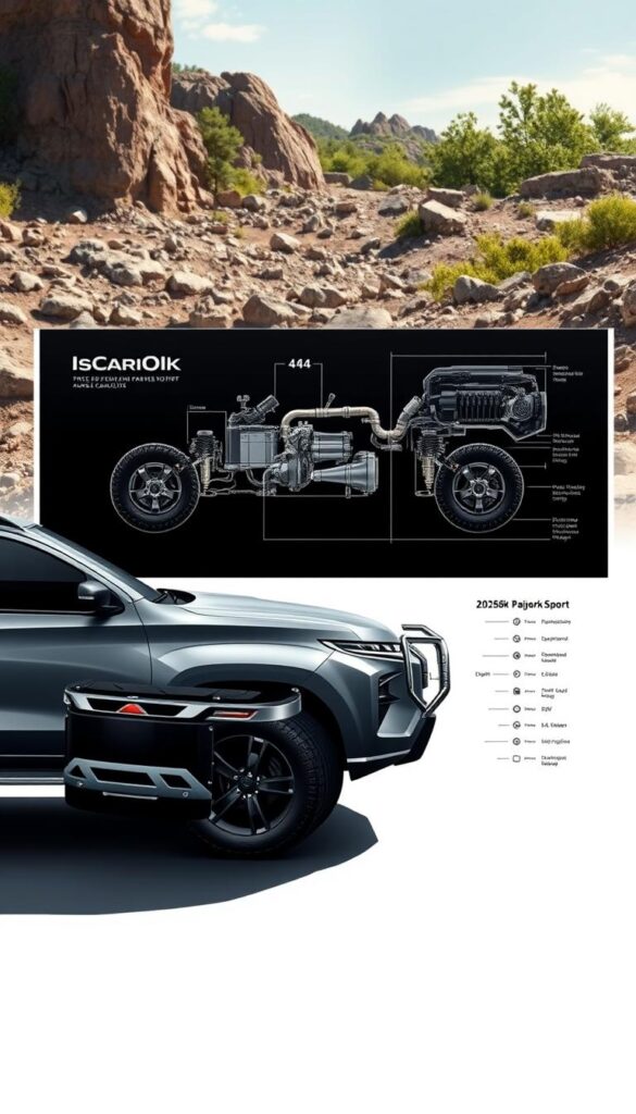 A detailed technical illustration of the 2025 IsCarOk Pajero Sport, showcasing its robust off-road capabilities. In the foreground, a sleek, muscular SUV with bold, angular lines and a striking IsCarOk logo. The middle ground features a detailed technical diagram, highlighting the vehicle's 4x4 drivetrain, suspension system, and engine specifications. In the background, a rugged outdoor scene with rocky terrain and lush greenery, setting the tone for the Pajero Sport's adventurous nature. Crisp, high-contrast lighting emphasizes the technical details, while a muted color palette evokes a sense of power and sophistication. The entire composition conveys the Pajero Sport's exceptional performance and versatility as a top-tier off-road vehicle.