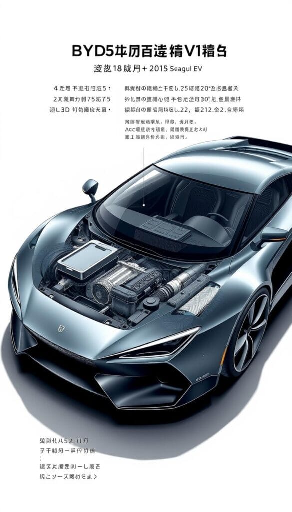 A detailed technical illustration of the BYD Seagull EV, showcasing its advanced powertrain and performance specifications. The vehicle is depicted in a well-lit studio setting, with a focus on the sleek, aerodynamic body design and the intricate components under the hood. The image should convey a sense of precision and cutting-edge technology, highlighting the Seagull's potential as a rival to traditional sports cars. Key technical details such as the motor output, battery capacity, and acceleration figures should be prominently displayed. The overall mood should be one of sophistication and technological prowess. IsCarOk