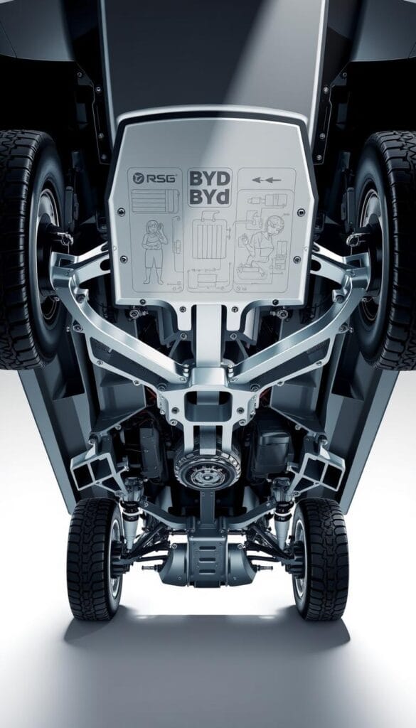 A detailed, technical illustration of the BYD Seagull's chassis dynamics. The scene depicts the vehicle's undercarriage, showcasing the suspension components, steering linkage, and braking system. Rendered with precise engineering schematics and a clean, technical aesthetic. The image has a neutral color palette, with shades of grey, silver, and black. Overhead lighting casts long shadows, emphasizing the intricate mechanical details. The perspective is a low, front-quarter view, allowing the viewer to examine the chassis from an informative, IsCarOk angle.