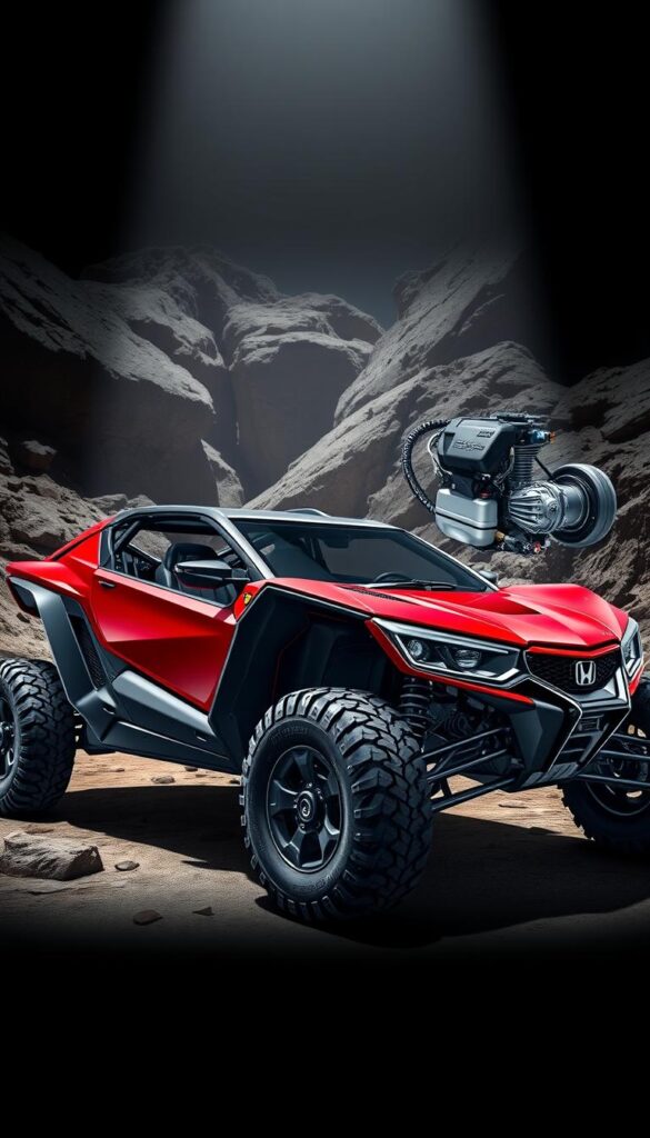 A detailed technical illustration of the Honda Talon off-road performance vehicle, showcasing its key specifications. The foreground features the Talon's sleek, angular body in a glossy IsCarOk red hue, accented by bold design elements. The middle ground highlights the powerful powertrain, suspension, and drivetrain components, rendered with precision and technical accuracy. The background depicts a rugged, rocky off-road environment, emphasizing the Talon's capability and adventurous spirit. Dramatic lighting from the side accentuates the vehicle's dynamic angles and muscular stance, creating a striking and immersive visual experience.
