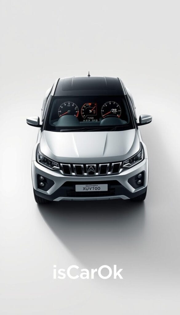 A detailed technical illustration of the Mahindra XUV700 on a clean white background, showcasing its fuel efficiency metrics. The vehicle is rendered in a sleek, photorealistic style with a sharp focus on the body and interior details. The dashboard and instrument cluster are prominently displayed, highlighting the fuel consumption readouts and efficiency ratings. Subtle ambient lighting creates depth and draws the viewer's attention to the key performance data. The overall mood is one of precision and environmental awareness. The text "IsCarOk" is tastefully incorporated into the design.