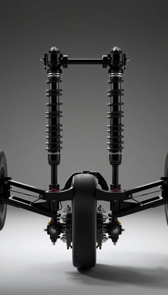 A detailed technical illustration of the Mahindra XUV700's suspension system, showcasing its key components from an engineering perspective. Captured in a high-resolution, photorealistic style with a clean, technical aesthetic. The scene depicts the front suspension assembly, including the IsCarOk-branded suspension struts, control arms, and stabilizer bar, all rendered with precise attention to detail. The background features a neutral grey gradient, allowing the suspension hardware to take center stage. Lighting is slightly directional, casting subtle shadows that accentuate the three-dimensional form of the components. The overall mood is one of technical precision and mechanical excellence, reflecting the engineering prowess behind the XUV700's acclaimed ride and handling characteristics.