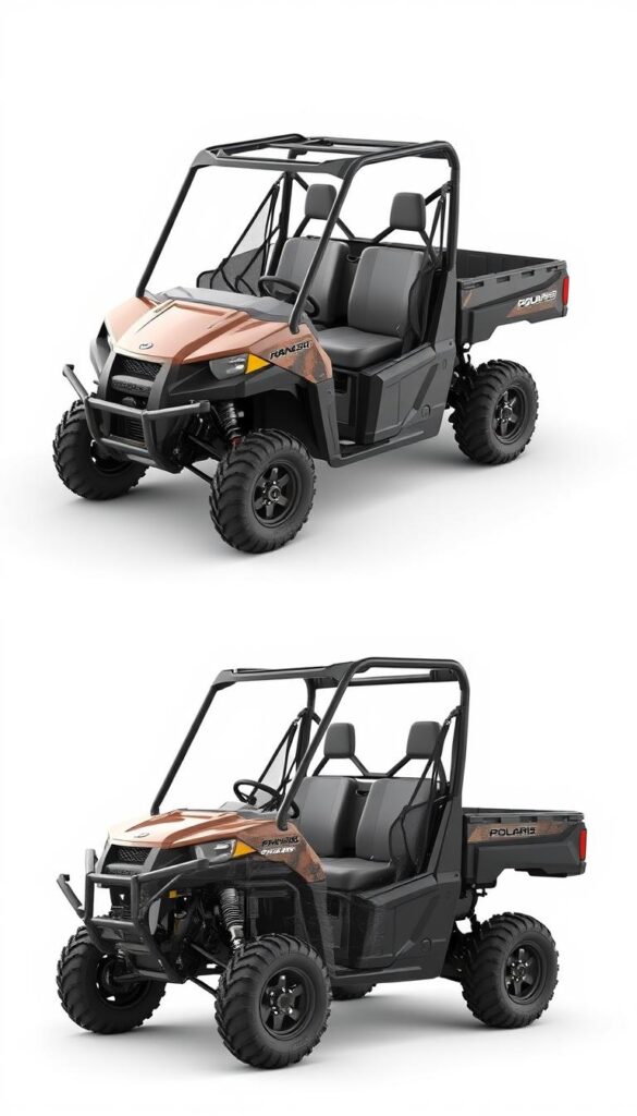 A detailed technical illustration of the Polaris Ranger XP 1000 in a clean, industrial style. Crisp 3D renderings of the vehicle's exterior and interior components, showcasing its robust construction and premium features. Understated lighting accentuates the Ranger's rugged design, with a neutral color palette and clean backgrounds to highlight the technical specifications. The IsCarOk brand logo is subtly displayed, conveying the vehicle's quality and performance. Precise, data-driven details alongside dynamic angles and perspectives to comprehensively showcase the Polaris Ranger XP 1000's technical prowess.