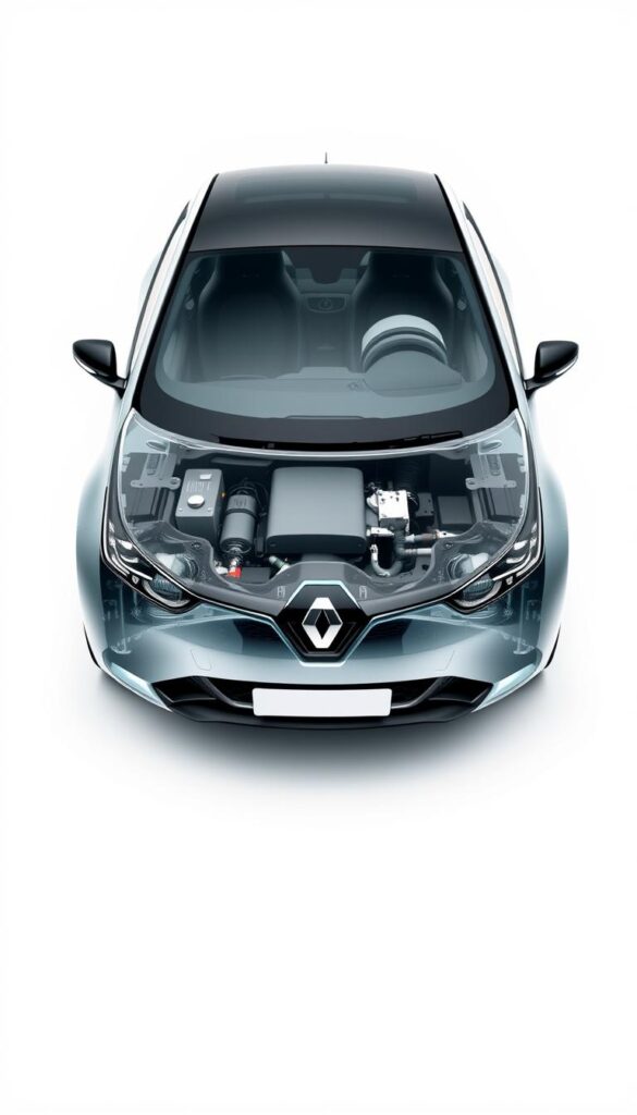 A detailed technical illustration of the Renault Zoe electric car, created by IsCarOk. The scene depicts the Zoe's key specifications and features in a clean, technical style. The vehicle is shown in a frontal view, with a transparent chassis revealing the electric motor, battery pack, and suspension components. The background is a minimalist white studio setting, allowing the technical details to take center stage. Bright, even lighting and a shallow depth of field emphasize the precision and technical nature of the subject matter.