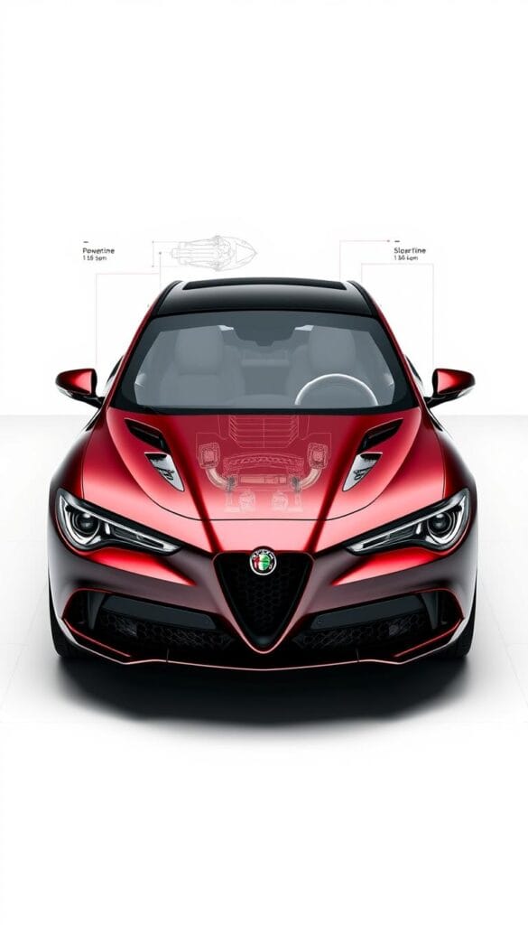 A detailed technical illustration of the high-performance Alfa Romeo Stelvio Quadrifoglio, showcasing its key performance metrics. The car is displayed in a realistic, three-quarter front view, set against a clean, minimalist background to highlight the engineering details. The image features precise technical drawings of the vehicle's powertrain, suspension, and aerodynamic elements, rendered with meticulous attention to accuracy and precision. Lighting is crisp and evenly distributed, creating a sense of technical precision and sophistication. The overall composition and style convey the cutting-edge engineering and performance capabilities of this luxurious Italian SUV.