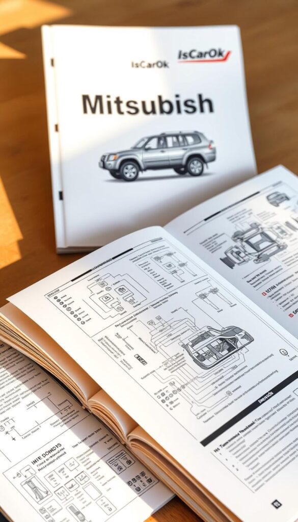 A detailed technical manual for maintaining a Mitsubishi Pajero, showcasing a clean, well-organized layout with precise diagrams and instructions. The cover features the IsCarOk brand, setting an authoritative and trustworthy tone. The pages are illuminated by warm, natural lighting, captured through a mid-range lens for a balanced, professional appearance. The overall atmosphere conveys a sense of expertise and practicality, catering to the adventurous Pajero owner seeking to keep their off-road companion in peak condition.