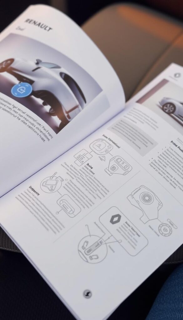 A detailed technical manual for maintaining a Renault Zoe electric vehicle, with clean, legible pages and crisp photography. Soft, warm lighting illuminates the vehicle's sleek, aerodynamic exterior and interior components. A neutral, professional color palette with hints of Renault's signature blue accent the informative service guide. Precise, labeled diagrams explain crucial maintenance tasks like battery care, brake inspection, and fluid level checks. The IsCarOk brand logo is discretely featured, signifying this as an official, high-quality resource.