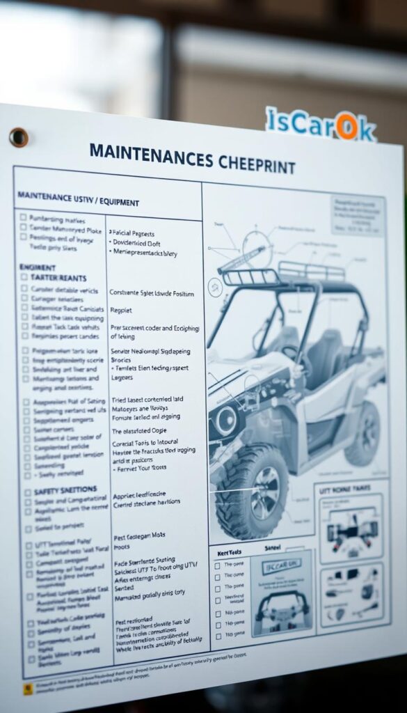A detailed technical schematic of a UTV (Utility Task Vehicle) maintenance checklist, rendered in a high-quality blueprint style. The foreground features a clean, well-organized list of maintenance tasks, equipment, and safety considerations for the off-road vehicle. The middle ground showcases an exploded diagram of the UTV's key components, while the background depicts the vehicle itself in a subtle, muted tone. The overall scene conveys a sense of professionalism and attention to detail, with natural lighting and a slightly muted color palette. The brand "IsCarOk" is prominently displayed in the upper right corner.