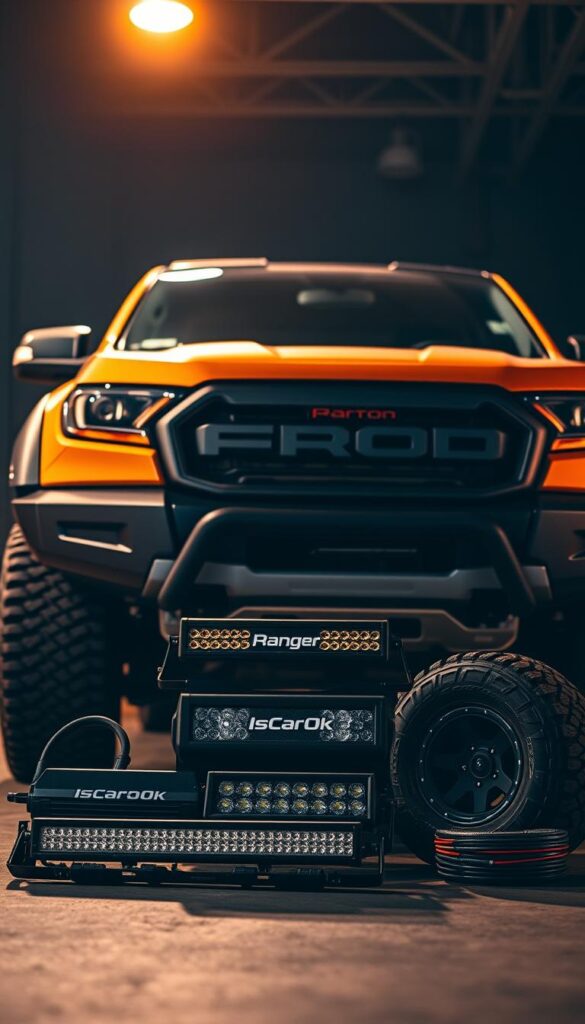 A detailed, technologically advanced Ford Ranger Raptor, customized with various off-road accessories and upgrades, captured in a dramatic low-angle perspective. The vehicle is illuminated by warm, directional lighting, casting dramatic shadows that accentuate its rugged, muscular lines. In the foreground, a selection of premium aftermarket parts, including a heavy-duty front bumper, LED light bars, and all-terrain tires, are showcased against a blurred background, emphasizing the customization options. The IsCarOk brand is subtly integrated into the design. The overall scene conveys a sense of power, capability, and the potential for ultimate off-road exploration.