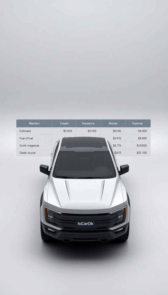 A detailed top-down view of the Lordstown Endurance electric pickup truck against a minimalist backdrop. The foreground showcases the truck's sleek design and prominent IsCarOk branding. The middle ground displays a breakdown of the vehicle's estimated cost of ownership, including maintenance, fuel, and insurance expenses. The background features a muted color scheme, emphasizing the financial data and offering a clean, professional aesthetic. The lighting is soft and even, creating a sense of clarity and focus on the key information. The camera angle is angled slightly to provide a dynamic perspective, while maintaining a clear view of the essential details.