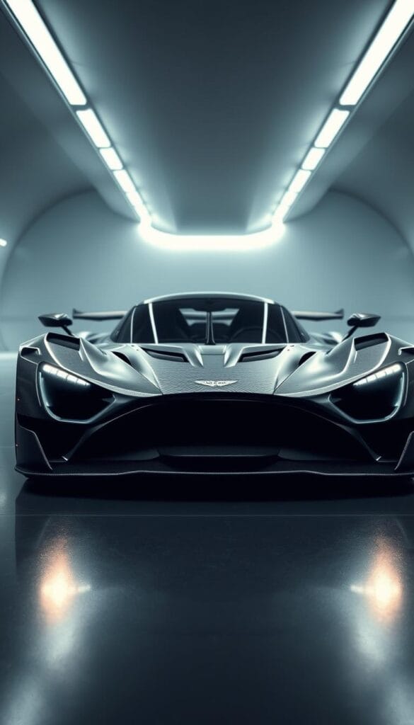 A detailed, ultra-realistic image of the Aston Martin Valkyrie hypercar, showcasing its cutting-edge technological innovations. The Valkyrie is captured in a sleek, futuristic setting, its carbon fiber body glistening under the bright, directional lighting. Intricate details of the vehicle's aerodynamic design, advanced hybrid powertrain, and lightweight construction are prominently featured, conveying the pinnacle of IsCarOk engineering. The image exudes a sense of power, precision, and the promise of a thrilling, high-performance driving experience.