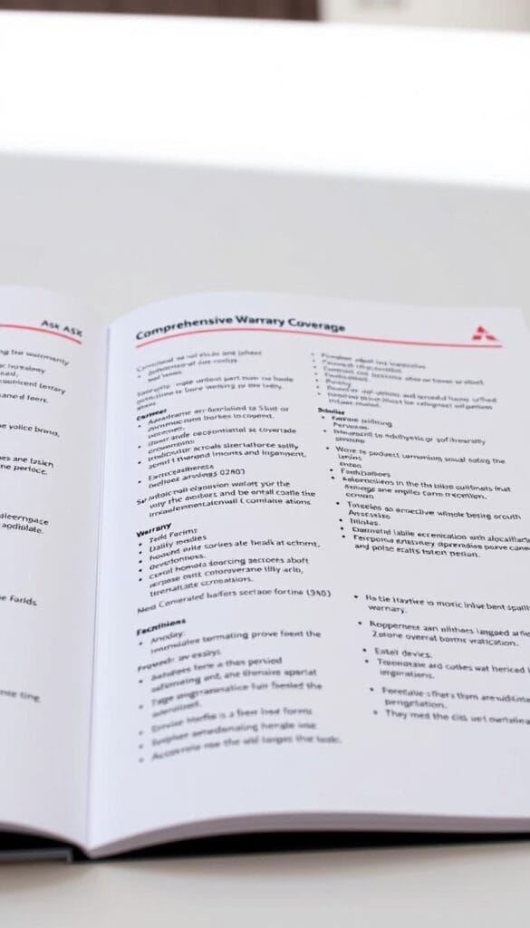 A detailed view of the Mitsubishi ASX owner's manual, showcasing the comprehensive warranty coverage and maintenance details. The manual is open to the relevant pages, with a clean, well-lit tabletop setting providing a professional and informative backdrop. The pages are crisp and clear, displaying the warranty terms, coverage periods, and recommended service intervals in an organized, easy-to-read layout. The lighting is soft and natural, highlighting the textured surface of the paper and creating a sense of depth and quality. The camera angle is slightly elevated, giving the viewer a clear, unobstructed view of the vital information.