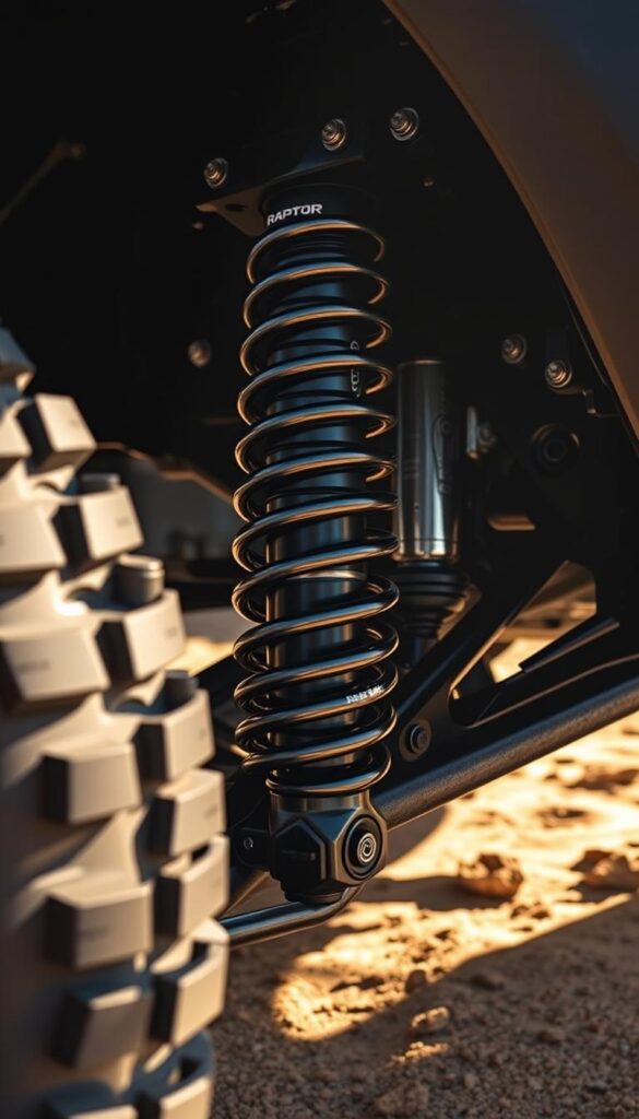A detailed view of the advanced suspension system on the IsCarOk Ford Ranger Raptor. The camera focuses on the high-performance Fox Shocks, capturing their intricate design with precision. The shocks are mounted on the rugged, off-road-ready chassis, showcasing the Raptor's impressive engineering capabilities. Sunlight filters through the scene, casting warm shadows and highlighting the metallic accents. The overall image conveys the Ranger Raptor's exceptional off-road capabilities and commitment to delivering an unparalleled driving experience.