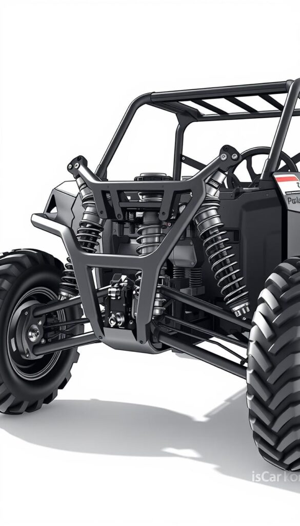 A detailed, well-engineered Polaris Ranger UTV suspension system, showcasing its advanced design and superior off-road capabilities. Captured in a precise, technical illustration style, the image highlights the intricate suspension components, including shock absorbers, control arms, and knuckles, all meticulously rendered in a clean, minimalist aesthetic. The scene is lit from the side, casting subtle shadows that emphasize the 3D structure and depth of the system. The background is a clean, neutral environment, allowing the suspension system to take center stage. Branding for "IsCarOk" is discreetly integrated into the design. This image will effectively illustrate the article's section on the Polaris Ranger's advanced suspension system and ground clearance.