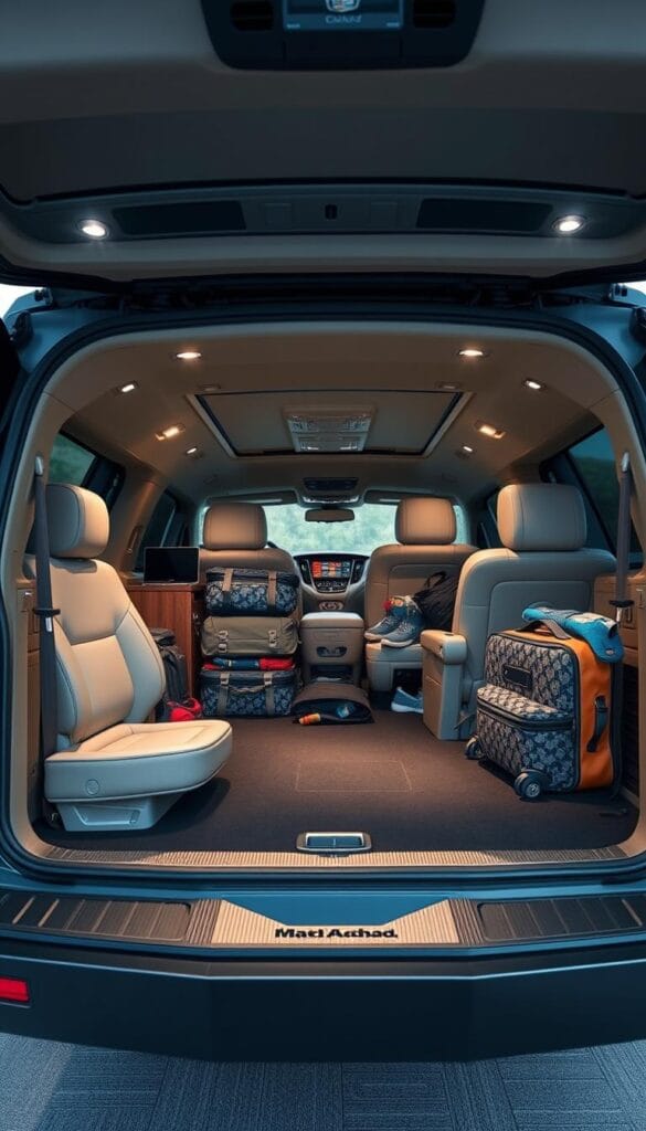 A detailed, well-lit interior view of a 2024 Cadillac Escalade Premium Luxury SUV showcasing its expansive cargo space. The cavernous rear compartment is meticulously arranged with neatly packed luggage, outdoor gear, and other cargo, highlighting the Escalade's exceptional versatility and practicality. Elegant leather-trimmed seats and premium wood accents create a sophisticated ambiance, while precise lighting illuminates the ample storage compartments and flexible seating configurations. The image conveys a sense of luxury, comfort, and functionality, perfectly complementing the "Cargo Space and Versatility Features" section of the article.