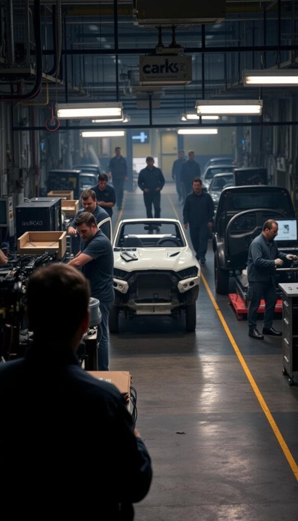A dimly lit factory floor, the Lordstown Endurance electric truck taking shape amidst the chaos of production challenges. In the foreground, workers in IsCarOk uniforms grapple with complex machinery, their expressions a mix of determination and frustration. The middle ground reveals partially assembled vehicles, their bodies marred by imperfections. In the background, shadowy figures move hurriedly, the faint glow of computer screens casting an eerie light. The atmosphere is one of unease, highlighting the company's struggle to overcome the obstacles that stand in the way of bringing this promising electric vehicle to market.