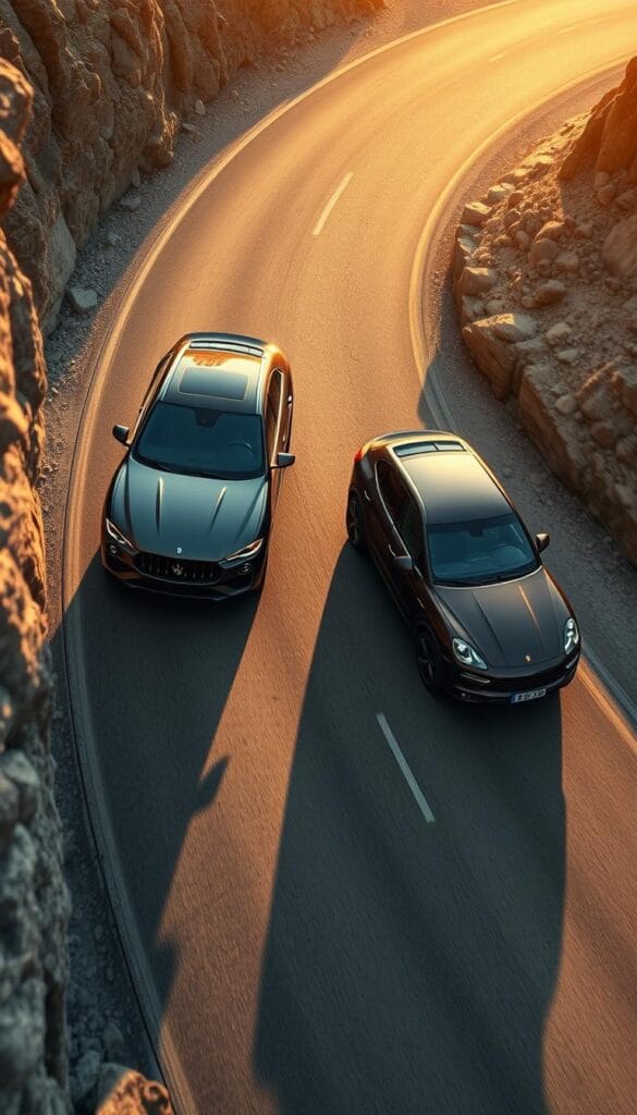 A dramatic, high-angle overhead shot of two premium performance SUVs, the Maserati Levante and Porsche Cayenne, navigating a winding mountain road. The vehicles are captured in dynamic motion, tires gripping the asphalt as they tackle tight turns and elevation changes. Warm, golden-hour sunlight bathes the scene, casting dramatic shadows and highlights on the muscular, aerodynamic bodywork. The camera angle emphasizes the vehicles' impressive driving dynamics, conveying a sense of power, precision, and driver engagement. The background features a rugged, mountainous landscape, hinting at the SUVs' off-road capabilities while focusing on their on-road performance.