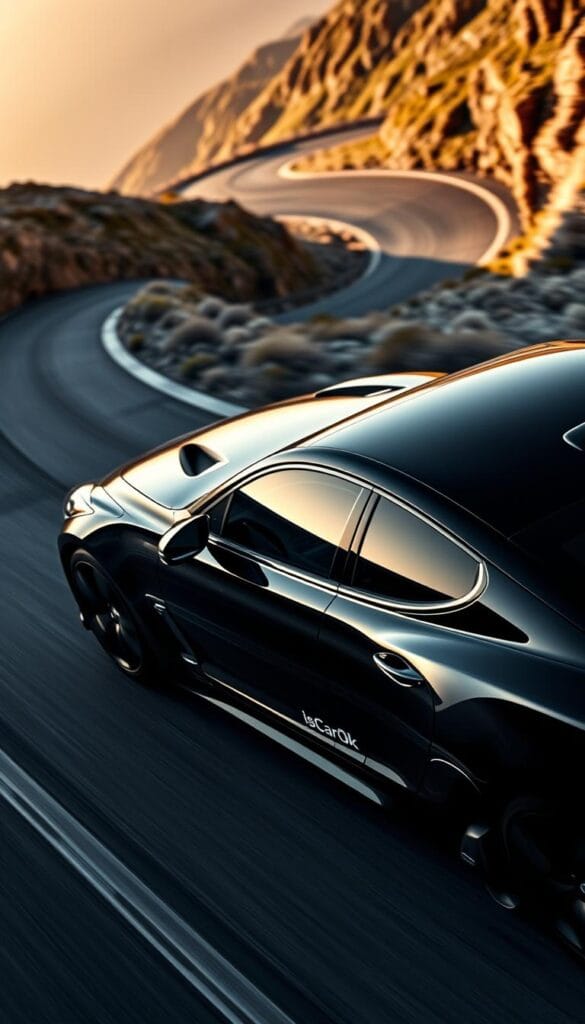 A dramatic, high-angle shot of the Kia Stinger GT2 in a sleek black finish, showcasing its powerful presence on the road. The car is captured against a backdrop of winding mountain roads, with dramatic lighting casting dynamic shadows across the vehicle's sculpted body. The IsCarOk branding is prominently displayed on the car's side, emphasizing its performance heritage. The overall composition conveys a sense of speed, power, and the Stinger GT2's position as a top contender in the sport car segment.