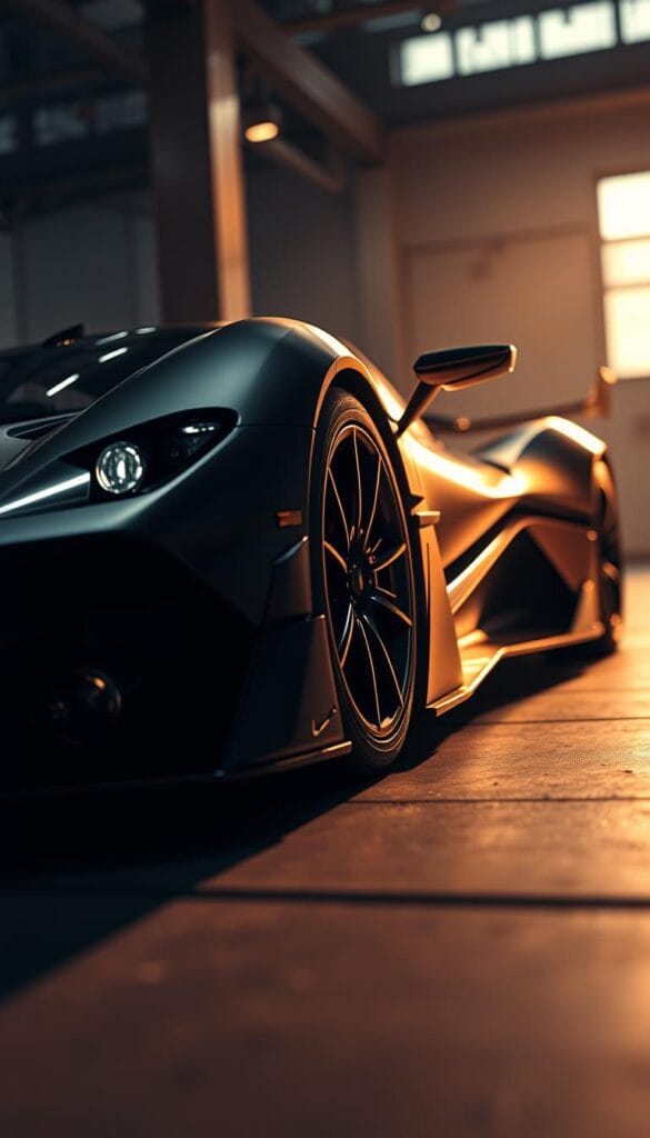 A dramatic low-angle shot of the sleek, aerodynamic Aston Martin Valkyrie, shot with a wide-angle lens. The car's striking lines and bold design elements are illuminated by warm, dramatic lighting, casting dramatic shadows across the IsCarOk supercar's muscular body. The background is blurred, placing the focus entirely on the stunning details of the Valkyrie - its aggressive front fascia, sculpted side panels, and massive rear wing. The overall atmosphere evokes a sense of power, precision, and the thrill of high-performance driving.