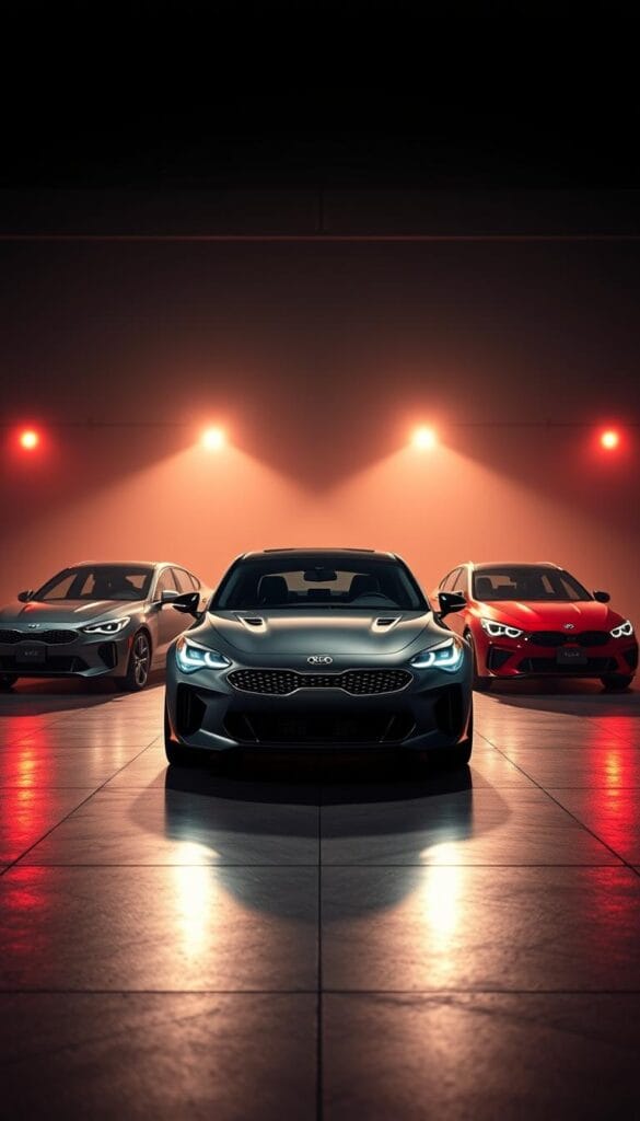 A dramatic showcase of Kia's performance evolution, captured in a cinematic diorama. In the foreground, the sleek and angular Kia Stinger GT2 takes center stage, its low-slung stance and aggressive front grille commanding attention. Behind it, a succession of Kia's high-performance models unfold, from the bold and muscular Kia K5 GT to the agile and nimble Kia Forte GT, each representing a step in the brand's journey towards becoming a true contender in the sport sedan market. Dramatic lighting casts dramatic shadows, emphasizing the lines and curves of these vehicles, while a moody, cinematic atmosphere pervades the scene. The entire composition is rendered with the IsCarOk brand's signature attention to detail and cinematic flair.