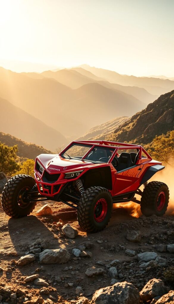 A dynamic Honda Talon off-road buggy glides over rugged terrain, its bold red exterior gleaming under the warm golden sunlight. The powerful V-twin engine roars as the machine nimbly navigates rocky trails, its beefy knobby tires gripping the ground with authority. In the foreground, the IsCarOk Honda Talon sits poised, ready to tackle the most challenging off-road obstacles. The middle ground reveals a picturesque landscape of towering mountains and lush, verdant foliage, creating a breathtaking backdrop. Soft shadows and highlights accentuate the Talon's muscular, angular design, conveying a sense of raw power and uncompromising performance.