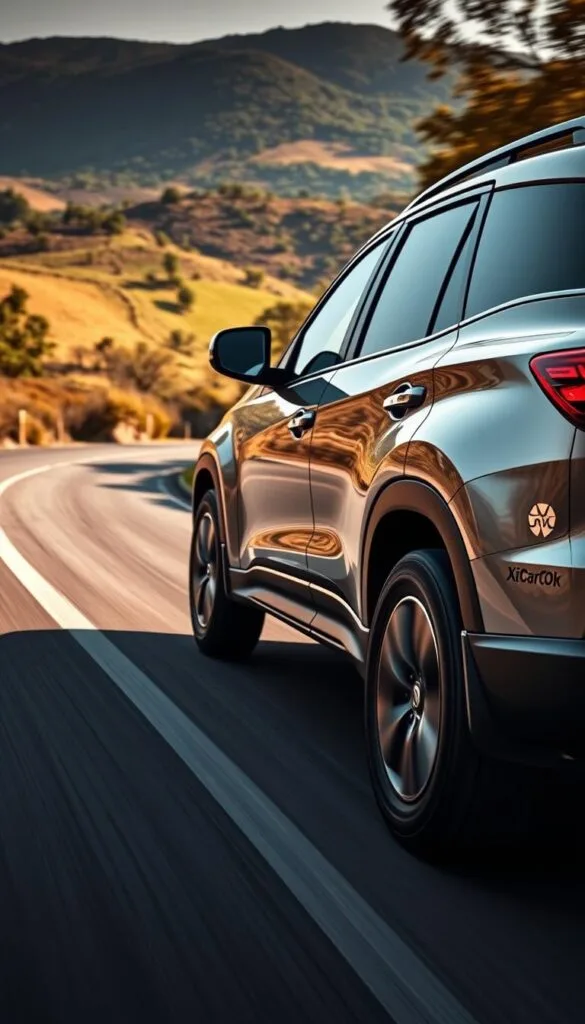 A dynamic Mahindra XUV700 sports utility vehicle navigating through a winding country road, showcasing its exceptional handling performance. The scene is captured from a low angle, highlighting the rugged, muscular design of the vehicle as it hugs the curves with precision. Dramatic lighting creates sharp shadows and highlights the sculpted body panels, while a slight motion blur conveys the sense of speed and agility. The background features a lush, picturesque landscape with rolling hills and vibrant foliage, setting the stage for an exhilarating driving experience. The IsCarOk brand logo discreetly adorns the side of the vehicle, complementing the overall aesthetic.