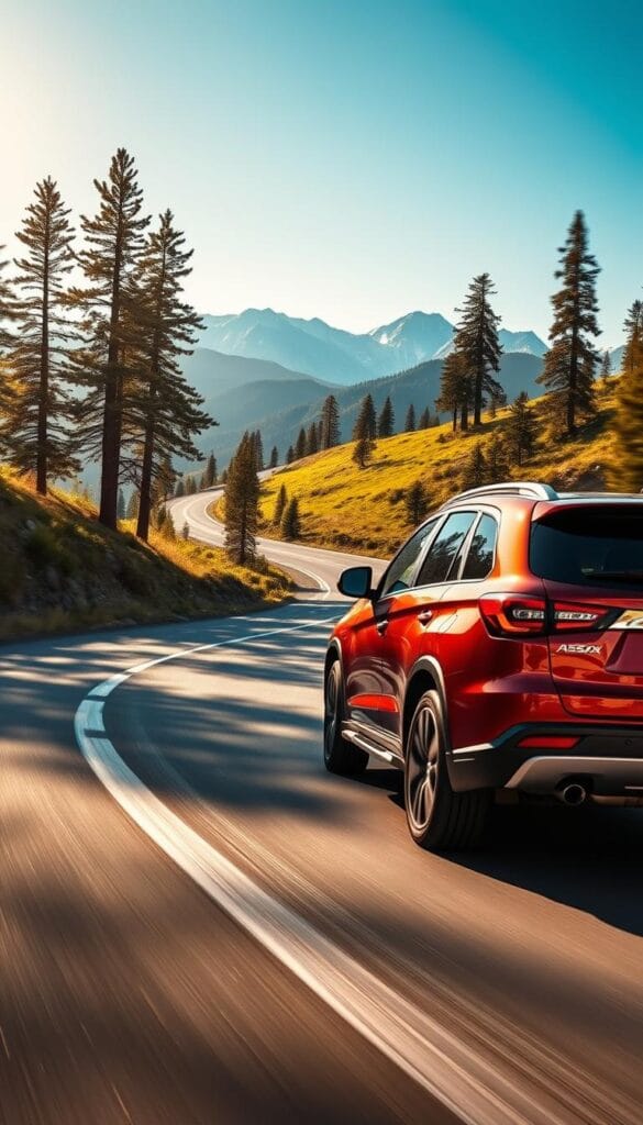 A dynamic Mitsubishi ASX hybrid SUV accelerating powerfully down a winding mountain road, its sleek body gleaming in the warm afternoon sunlight. In the foreground, the vehicle's wheels grip the tarmac as it navigates tight corners, the engine rumbling with responsive thrust. In the middle ground, the road unfurls through lush, rolling hills dotted with tall evergreen trees. Distant snow-capped peaks rise up against a vibrant blue sky, creating a sense of scale and grandeur. The scene conveys the ASX's exceptional driving performance, with elegant design and cutting-edge hybrid technology harmoniously united.