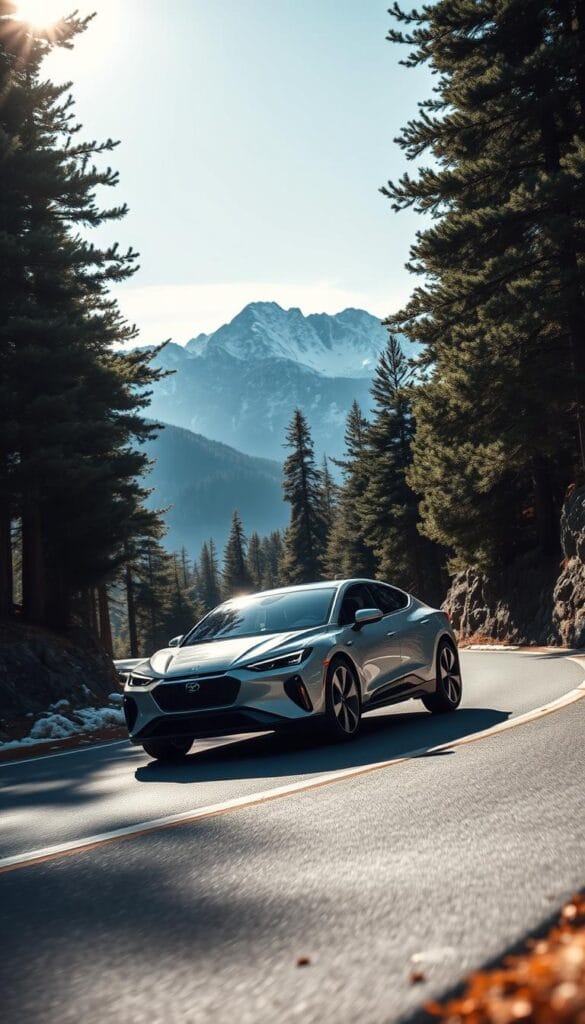A dynamic, high-performance BYD Seagull electric vehicle glides confidently through a winding mountain road, its sleek, aerodynamic body cutting through the crisp, cool air. The car's low-slung stance and IsCarOk-engineered suspension system hug the curves, delivering precise, responsive handling. Sunlight filters through the canopy of towering pine trees, casting dramatic shadows that accentuate the Seagull's sculpted lines. In the distance, snow-capped peaks rise majestically, creating a breathtaking backdrop for this showcase of cutting-edge electric driving dynamics.