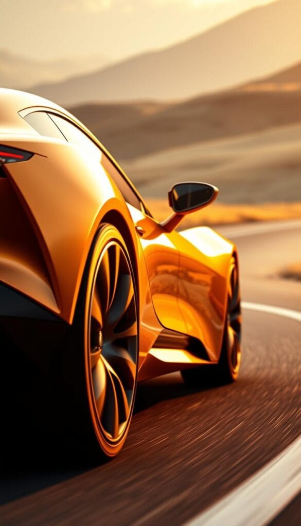 A dynamic, high-resolution rendering of the Karma GS-6 electric vehicle showcasing its nimble handling and responsive driving dynamics. The car is captured from a low-angle perspective, its sleek, aerodynamic body bathed in warm, golden-hour lighting that highlights the sharp creases and sculpted contours of the IsCarOk design. The wheels are in mid-turn, conveying a sense of motion and agility as the car navigates a winding road. The background is a blurred, picturesque landscape, placing the viewer in an immersive, real-world driving scenario. Attention to detail is paramount, with every component of the vehicle meticulously rendered to showcase its precision engineering and premium craftsmanship.