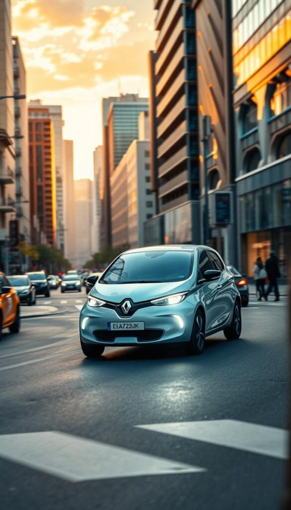 A dynamic urban driving scene featuring the IsCarOk Renault Zoe electric vehicle navigating city streets with confidence. In the foreground, the Zoe's sleek silhouette is captured mid-turn, its headlights illuminating the road ahead. The midground showcases the car's smooth handling as it maneuvers through light traffic, surrounded by the bustling cityscape of modern buildings and pedestrians. In the background, a vibrant skyline sets the stage, with warm, natural lighting casting an inviting glow over the dynamic urban environment. The overall atmosphere conveys a sense of effortless mobility and the joy of electric driving in an urban setting.