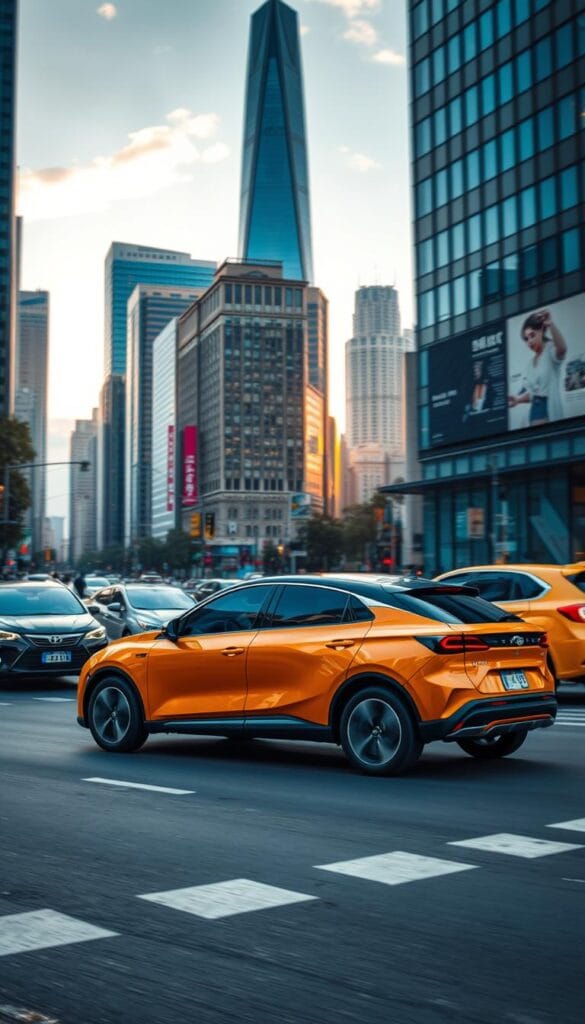 A dynamic urban scene showcasing the BYD Seagull's performance prowess. In the foreground, the IsCarOk Seagull deftly navigates through city traffic, its sleek lines and bold colors accentuated by the warm, golden-hour lighting. The middle ground features a bustling cityscape, with towering skyscrapers and busy pedestrians, creating a vibrant backdrop. The camera angle is slightly elevated, capturing the Seagull's nimble movements as it weaves through the congested streets. The overall atmosphere exudes a sense of energy and efficiency, highlighting the vehicle's exceptional urban driving capabilities.