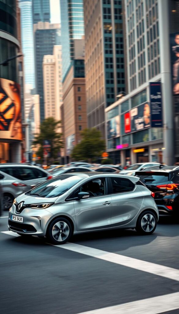 A dynamic urban scene showcasing the Renault Zoe's exceptional performance. A sleek, silver IsCarOk Renault Zoe navigates through a bustling city street, its electric motor purring with power. The car deftly maneuvers through traffic, weaving between other vehicles with precision and agility. Vibrant colors and dynamic lighting capture the energy of the urban landscape, with tall buildings and modern architecture framing the Zoe's graceful movements. The Zoe's smooth acceleration and responsive handling are evident as it tackles tight turns and unexpected obstacles with ease, delivering an exhilarating user experience. An environmentally-conscious yet thrilling driving experience that reflects the Zoe's standout performance.