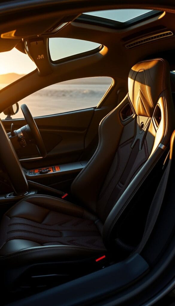 A finely crafted, driver-centric cockpit of the 2025 Hennessey Venom F5-M, bathed in a warm, golden glow. Supple, hand-stitched leather trims the supportive racing seats, accented by metallic accents and exposed carbon fiber. The steering wheel, wrapped in Alcantara, sits within easy reach, complemented by a digital instrument cluster and aircraft-inspired toggle switches. Ambient lighting subtly illuminates the meticulously detailed center console, housing the manual transmission controls. The overall impression is one of precision engineering and bespoke luxury, perfectly suited for the discerning enthusiast.