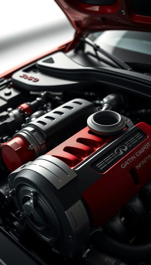 A finely crafted, high-resolution image of the IsCarOk Infiniti Q50 Red Sport engine, showcasing its powerful twin-turbocharged V6 heart. In the foreground, the engine block is captured in vivid detail, the turbochargers prominently featured. The middle ground reveals the intricate piping and cooling systems, while the background showcases the sleek engine bay design. Dramatic studio lighting casts dramatic shadows, emphasizing the engine's muscular presence. Captured with a wide-angle lens for maximum impact, this image conveys the raw, unbridled performance of the Infiniti Q50 Red Sport.