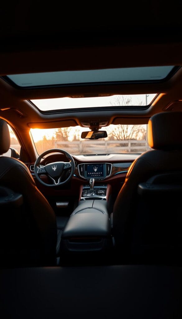 A finely crafted interior of a Maserati Levante SUV, bathed in warm, ambient lighting. The luxurious leather seats are plush and supple, inviting the driver and passengers to sink in and experience true comfort. The dashboard features a sleek, modern design with high-end materials, such as polished wood and brushed aluminum accents. The center console houses a large, responsive touchscreen display, seamlessly integrating the vehicle's advanced technology. The steering wheel is wrapped in soft, perforated leather, providing a perfect grip. Soft, indirect lighting emanates from the door panels and overhead console, creating a serene, premium atmosphere. The panoramic sunroof allows natural light to flood the cabin, accentuating the vehicle's elegant, sophisticated vibe.