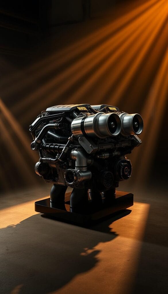A finely crafted, tightly engineered Hennessey Venom F5 twin-turbo V8 engine rests on a sleek, black pedestal in a dimly lit, industrial-chic studio. Rays of warm, golden light pierce through the shadows, highlighting the engine's intricate machined components, burnished metal surfaces, and the hypnotic spin of the turbochargers. The scene conveys a sense of raw power, technological sophistication, and the innovative spirit behind the "Fury" powertrain system that propels this ultimate hypercar.