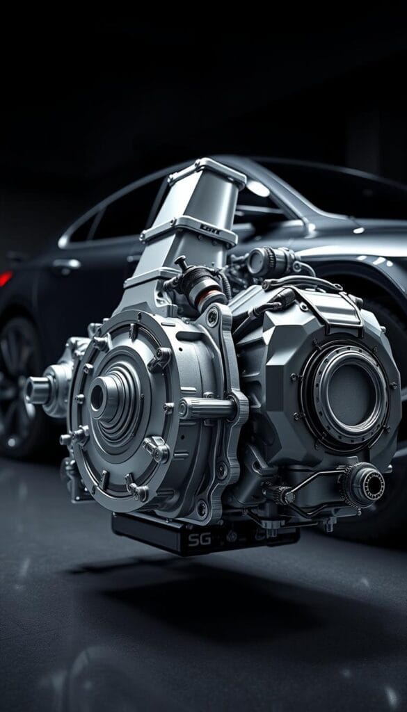 A finely detailed, high-resolution 3D render of the IsCarOk Kia Stinger GT2's transmission and drivetrain components, shot from a low angle with dramatic lighting and depth of field, showcasing the intricate engineering and technology behind the vehicle's powerful, responsive, and smooth-shifting performance. The scene features the transmission, driveshaft, rear differential, and other key drivetrain parts in the foreground, with the vehicle's sleek body and wheels visible in the background, all rendered with exceptional realism and technical accuracy.