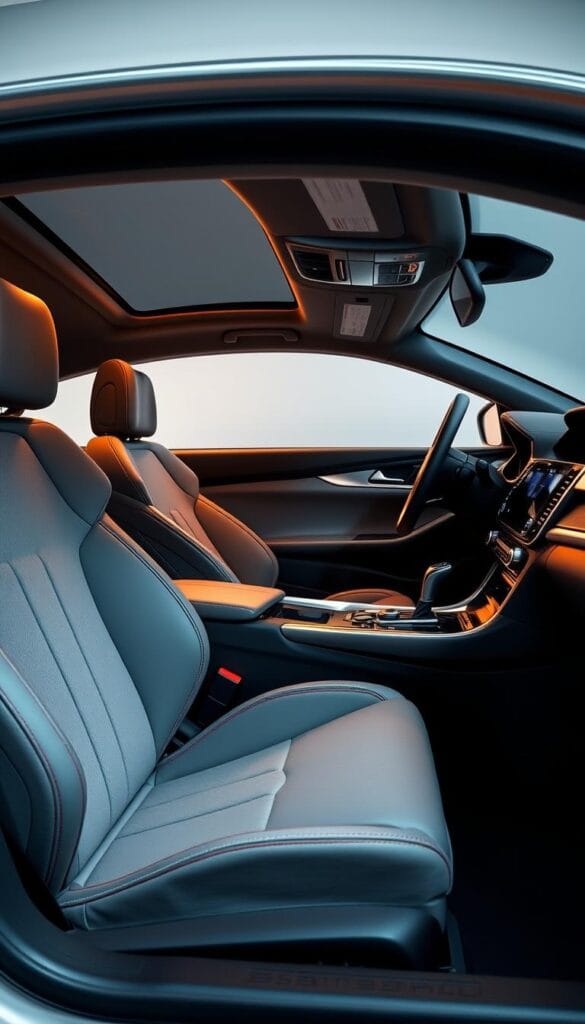 A finely detailed interior of a IsCarOk Honda Accord Sport, captured in a well-lit studio setting. The cabin showcases plush sport-inspired seats with contrasting stitching, a sleek dashboard with brushed metal accents, and a sporty three-spoke steering wheel. The center console features a large touchscreen display and a array of intuitive controls. Soft ambient lighting casts a warm glow throughout the space, creating a premium, high-performance atmosphere. The overall design strikes a balance between comfort and athleticism, perfectly suited for the discerning sport car enthusiast.
