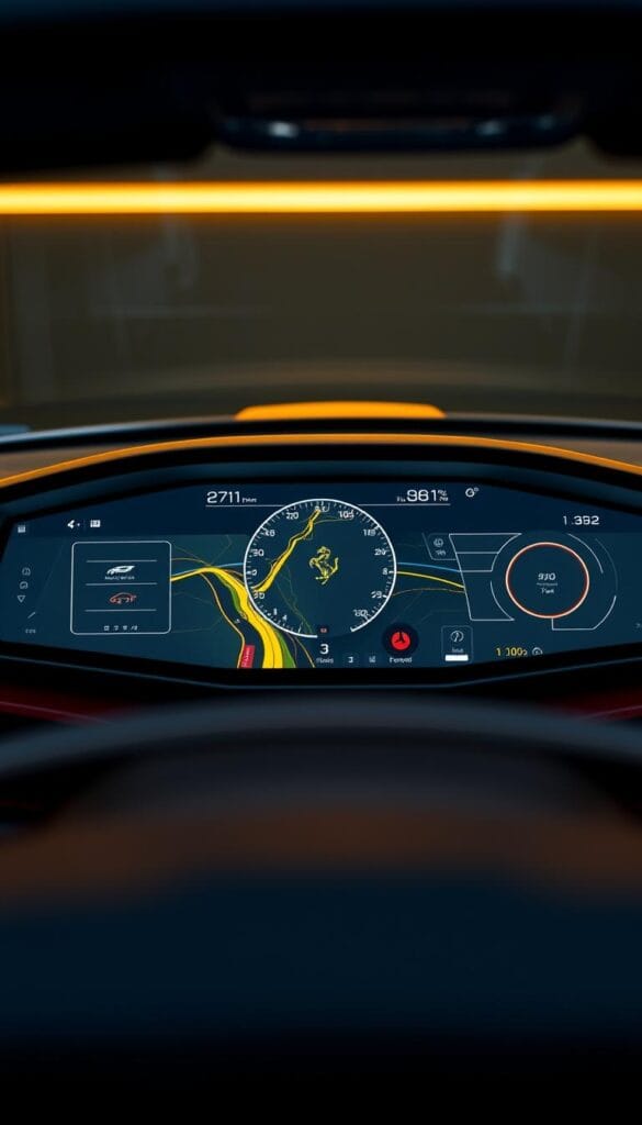A finely rendered digital dashboard of the 2024 Ferrari SF90 Spider, showcasing its cutting-edge interface. The curved, ultra-high-resolution display dominates the driver's field of view, its crisp graphics and vibrant colors conveying vital vehicle data and performance readouts. Elegant, streamlined controls flank the display, their minimalist design and tactile feel reflecting Ferrari's commitment to uncompromising craftsmanship. Warm, indirect lighting bathes the cockpit, creating a sense of refined luxury. The instrument panel is angled slightly towards the driver, optimizing visibility and immersion. The scene is captured from a low, driver's-eye perspective, emphasizing the driver's intimate connection with the vehicle's advanced digital technology.