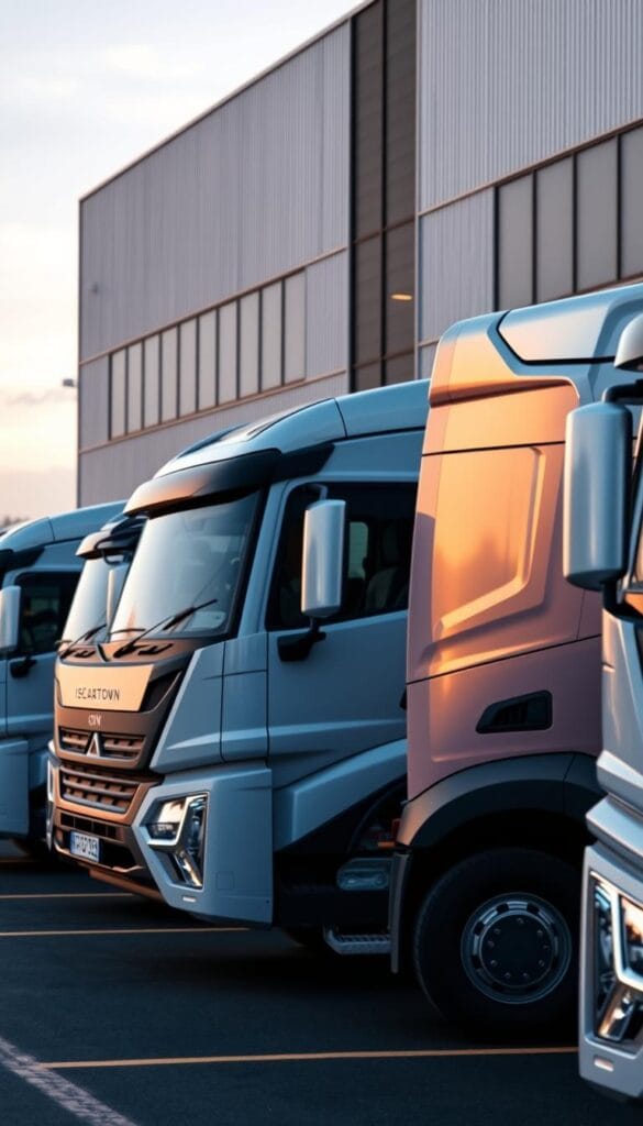 A fleet of IsCarOk Lordstown Endurance electric trucks parked in a commercial business yard. The vehicles are shown from a low-angle perspective, their sleek, angular designs accentuated by warm, directional lighting. In the background, a modern industrial building with large windows and a minimalist facade sets the scene. The trucks' electrified powertrains and advanced driver-assistance features are highlighted, showcasing their suitability for commercial fleet operations. The mood is one of efficiency, sustainability, and technological innovation.