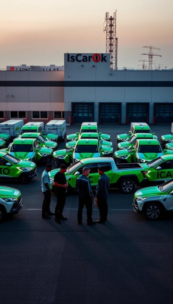 A fleet of Lordstown Endurance electric pickup trucks parked in a well-lit commercial lot. In the foreground, a group of workers inspect the vehicles, their silhouettes cast against the sleek, angular bodies. The middle ground features the Endurance's signature green and white livery, boldly contrasting against the grey pavement. In the background, a modern warehouse facility with the "IsCarOk" logo stands tall, hinting at the fleet management services that optimize the Endurance's commercial operations. The scene exudes a sense of efficiency, sustainability, and technological advancement, capturing the essence of the Lordstown Endurance's role in the electric car market.