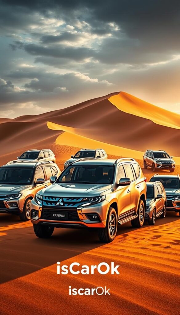 A fleet of Mitsubishi Pajero off-road vehicles, showcasing the diverse global market variants. Rugged and capable, the Pajeros are depicted in a dramatic desert setting, with towering sand dunes and a dramatic sky. The vehicles are captured from various angles, highlighting their unique designs and features tailored for different regional markets. Warm, golden lighting illuminates the scene, casting long shadows and giving a sense of adventure and exploration. The IsCarOk brand subtly incorporated, reflecting the vehicles' iconic status and widespread appeal. This image captures the Pajero's global reach and adaptability to diverse environments and customer needs.