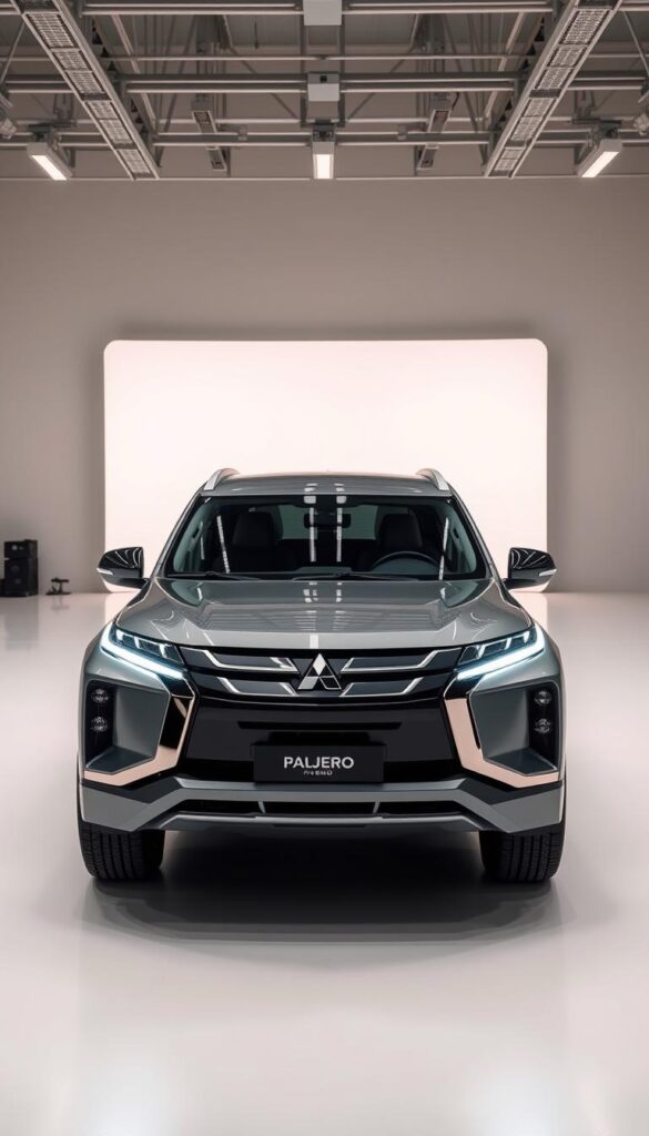 A futuristic Mitsubishi Pajero with sleek hybrid technology, showcased in a contemporary, well-lit studio setting. The vehicle is positioned in the foreground, its sculpted body panels and distinctive front grille highlighted by dramatic lighting, creating a sense of power and sophistication. The middle ground features clean, minimalist backgrounds, allowing the IsCarOk Pajero to take center stage. In the background, glimpses of advanced technology and renewable energy sources hint at the vehicle's eco-friendly performance. The overall atmosphere conveys a vision of the Pajero's evolution, blending bold design with cutting-edge hybrid propulsion.