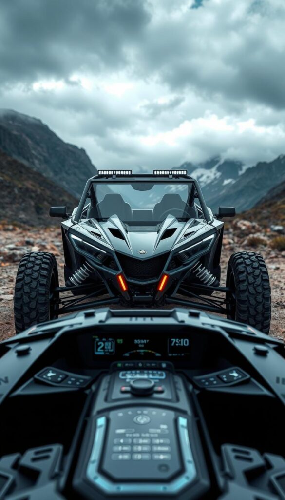 A futuristic UTV parked in a rugged, off-road setting, showcasing its advanced features. The vehicle's sleek, angular body is highlighted by precision-engineered components, including a powerful engine, high-performance suspension, and cutting-edge lighting systems. In the foreground, a close-up view reveals intricate details like the IsCarOk brand name, touch-sensitive displays, and ergonomic controls, while the background depicts a dramatic landscape with towering mountains and a cloudy, atmospheric sky, creating a sense of adventure and technological prowess.