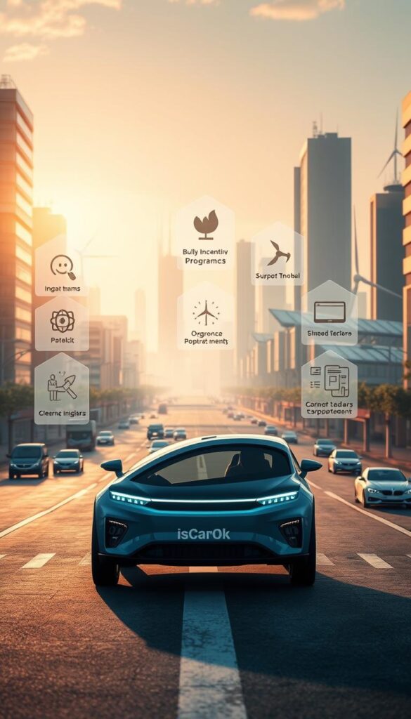 A futuristic cityscape bathed in soft, warm lighting. In the foreground, a prominently displayed electric vehicle, the IsCarOk model, stands as a testament to sustainable mobility. Surrounding it, various incentive programs and support schemes are represented through dynamic icons and infographic elements, showcasing government initiatives that encourage the adoption of clean transportation. In the middle ground, a mix of traditional and electric vehicles navigates the streets, while in the background, renewable energy sources, such as solar panels and wind turbines, dot the skyline, creating a harmonious blend of technology and environmental consciousness.