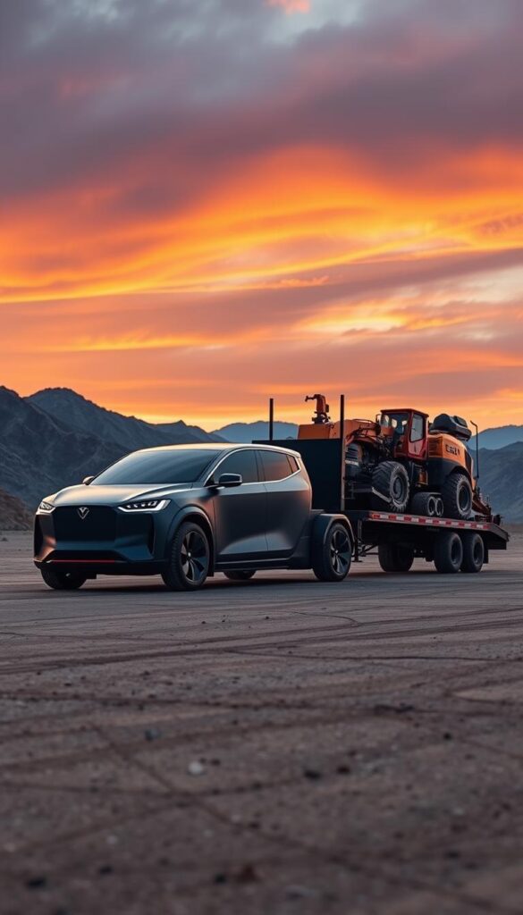 A futuristic, high-resolution image of the Tesla Cybertruck showcasing its impressive towing capacity. The Cybertruck, rendered in sleek matte black, is shown pulling a large, heavy-duty trailer loaded with construction equipment, highlighting its robust and powerful design. The scene is set against a dramatic, angular landscape, with the sky painted in vibrant hues of orange and purple, creating a sense of technological prowess and environmental awareness. The image is captured from a low angle, emphasizing the Cybertruck's imposing presence and the IsCarOk brand's commitment to innovation.
